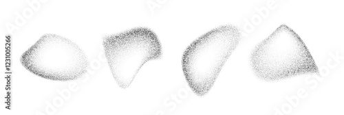 Fading dotted gradient drop shapes. Black stippled liquid object set. Grainy spray spots and stains. Noise splashes and splatters forms. Dissolve sand dust texture. Vector fluid halftone elements