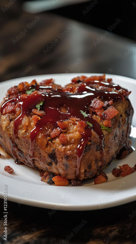 Meatloaf in a heart shape with brown gravy and copy space