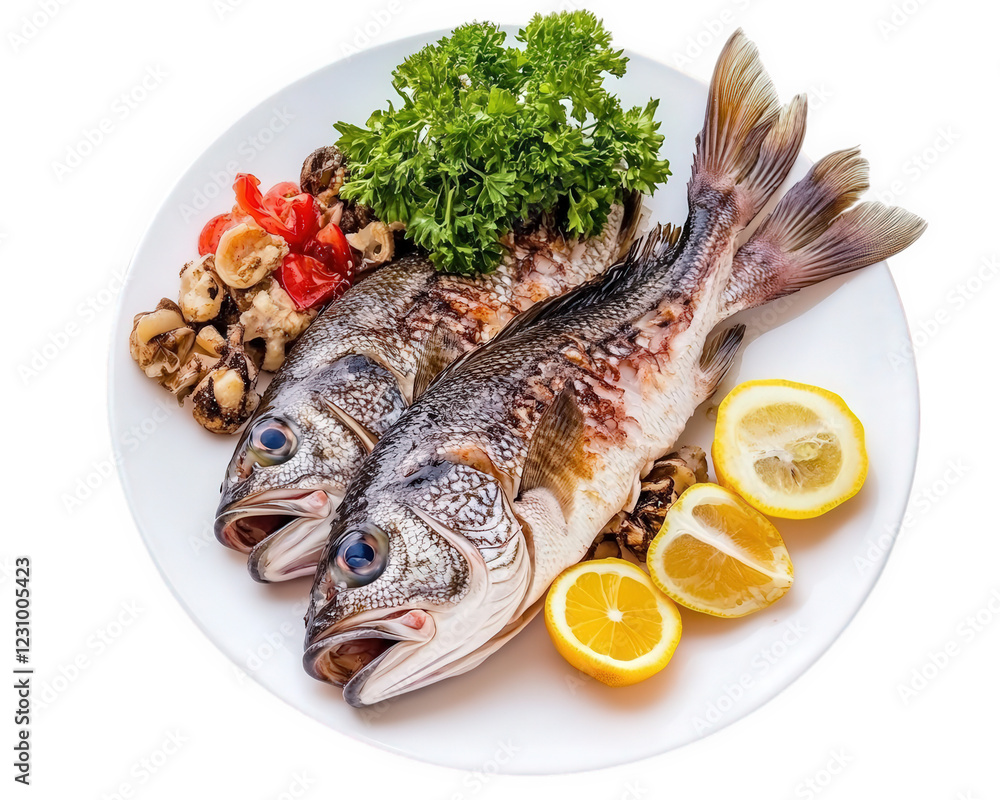 Fresh sea bass fish on white plate with lemon slices and herbs, garnished with vegetables. Perfect for seafood lovers and culinary enthusiasts Fresh sea bass fish on white plate with lemon slices and herbs, garnished with vegetables. Perfect for seafood lovers and culinary enthusiasts
