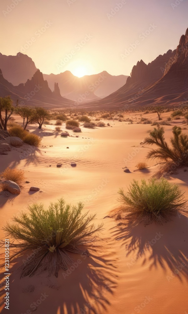Soft focus image of a desert valley bathed in warm golden light at dusk , valley, atmosphere, light Soft focus image of a desert valley bathed in warm golden light at dusk , valley, atmosphere, light