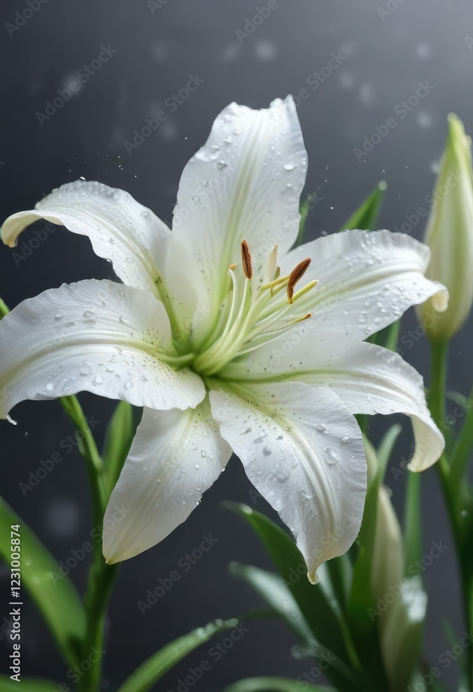 Fototapeta premium Soft focus on blooming white lily with dew drops, soft focus, morning light, dewy