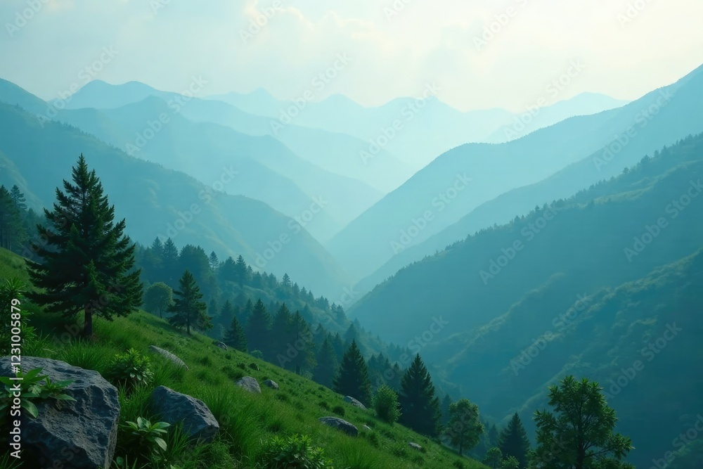 Fototapeta premium Soft focus on misty mountains with blue-green hues, Calming, Ecosystem