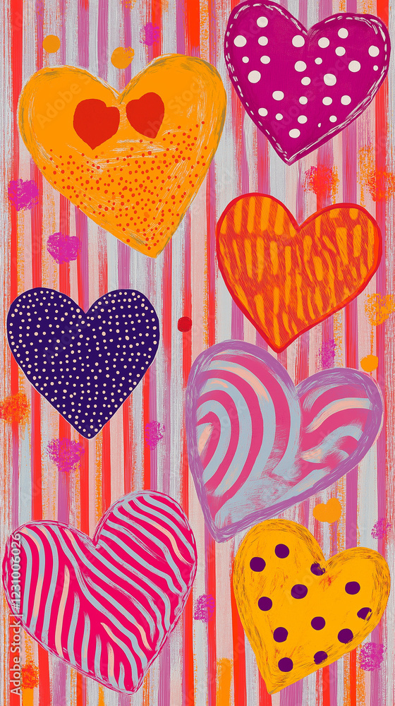 Vertical Valentine hearts with various colorful patterns