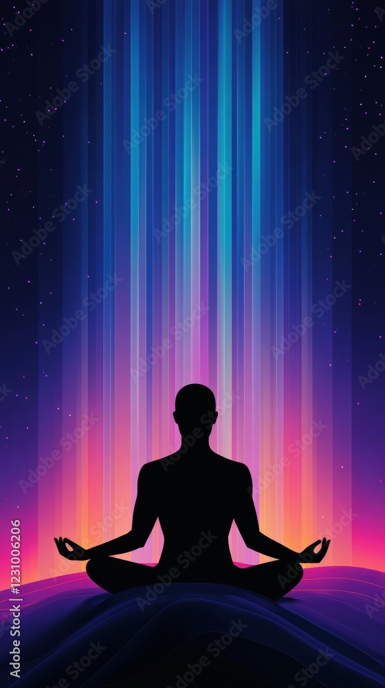 Serenity in the Light Beams: A silhouetted figure sits in a serene lotus position, bathed in vibrant, ethereal light beams, evoking a sense of peace and inner harmony. Serenity in the Light Beams: A silhouetted figure sits in a serene lotus position, bathed in vibrant, ethereal light beams, evoking a sense of peace and inner harmony.