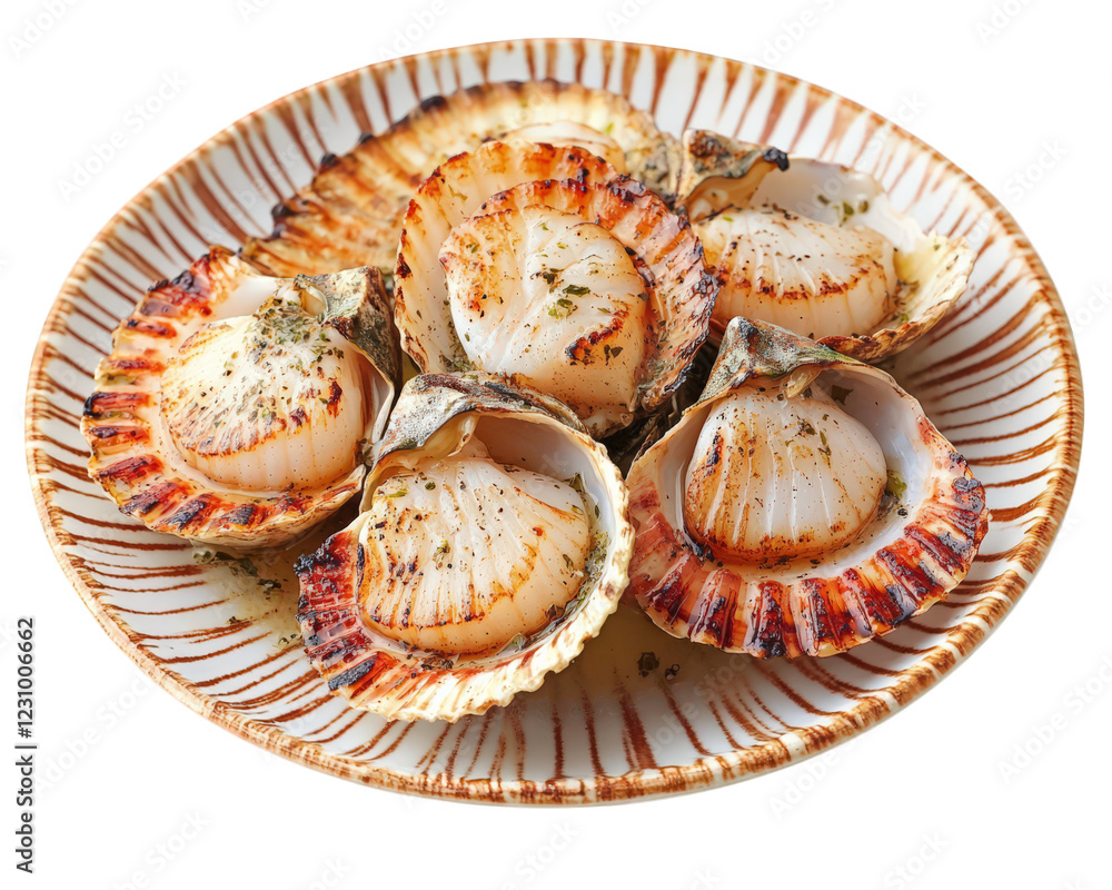 Grilled scallops served on decorative plate, showcasing their delicious texture and flavor. Perfect for seafood lovers and culinary enthusiasts Grilled scallops served on decorative plate, showcasing their delicious texture and flavor. Perfect for seafood lovers and culinary enthusiasts