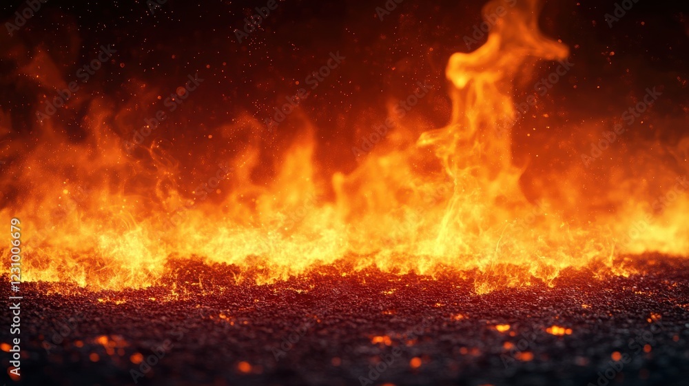 Fiery Inferno: A dramatic close-up of intense, vibrant flames engulfing a bed of glowing embers, creating a captivating display of fiery energy and raw power. Fiery Inferno: A dramatic close-up of intense, vibrant flames engulfing a bed of glowing embers, creating a captivating display of fiery energy and raw power.