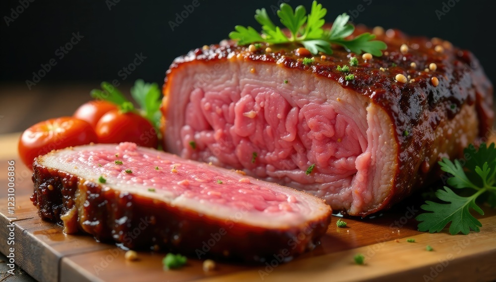 Large piece of smoked beef brisket with caramelized crust, caramelized, large Large piece of smoked beef brisket with caramelized crust, caramelized, large