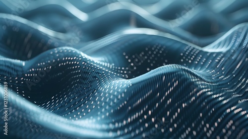 Abstract representation of waves with a blue color palette and luminous dots.