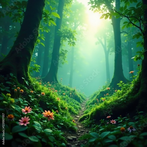 Lush foliage and flowers in a misty forest environment, botany, atmosphere photo