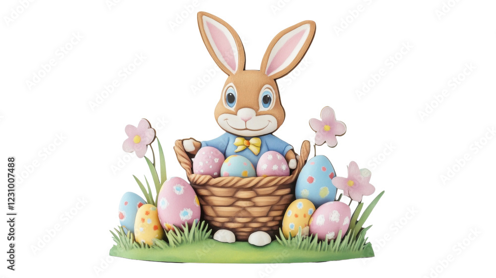 Easter bunny holding basket with colorful eggs and flowers on transparent background Easter bunny holding basket with colorful eggs and flowers on transparent background