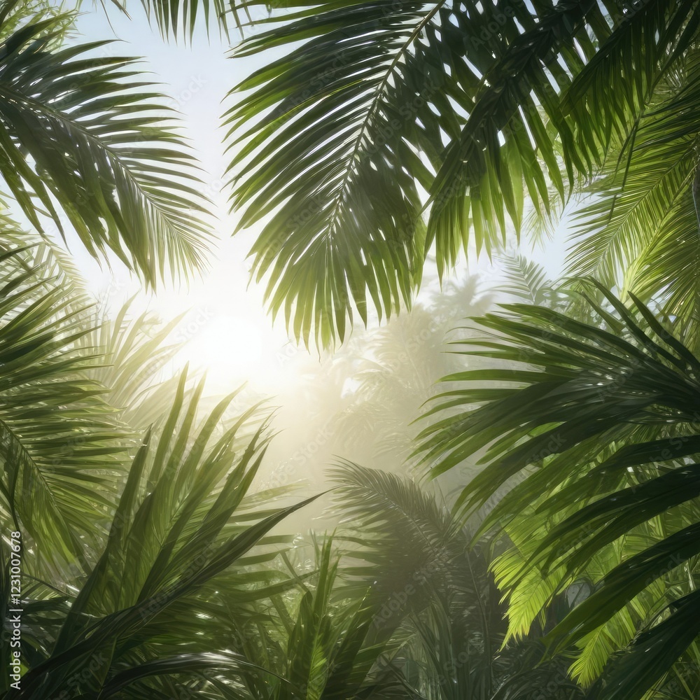 Fototapeta premium Palm leaves shimmering with dew and sunlight in the morning, sunlight filter, leaf