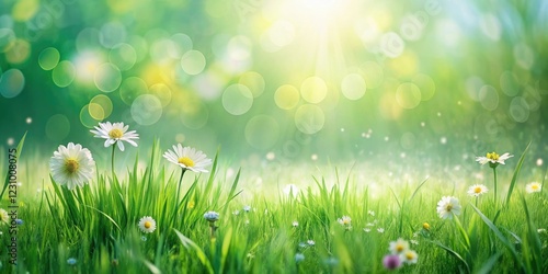 Pastel green grass with a few scattered flowers on a sunny spring day, fresh air, blossoms