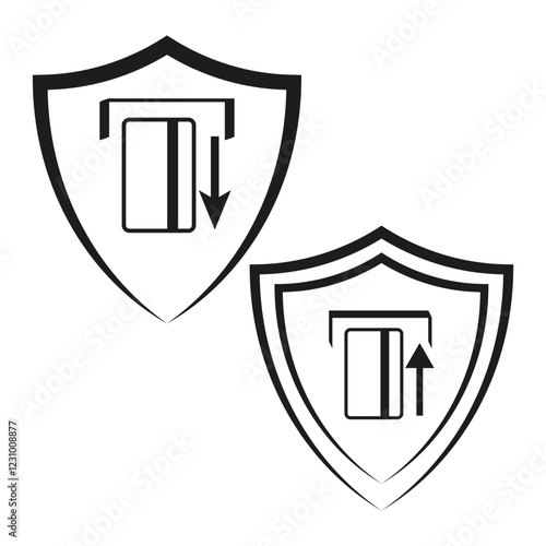 Payment card shield. Upward downward arrow. Transaction security icon. Vector protective symbol.