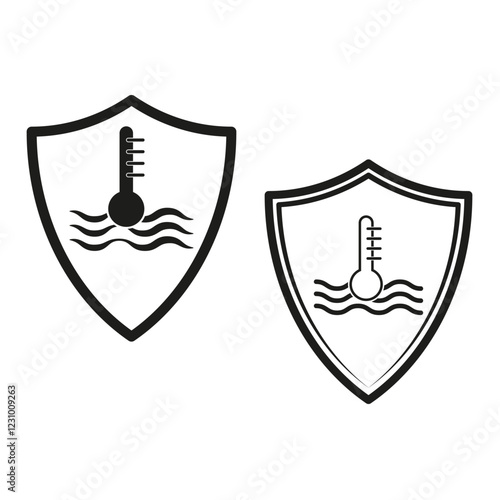 Water temperature shield. Liquid heat icon. Vector thermometer symbol. Protective wave shape.