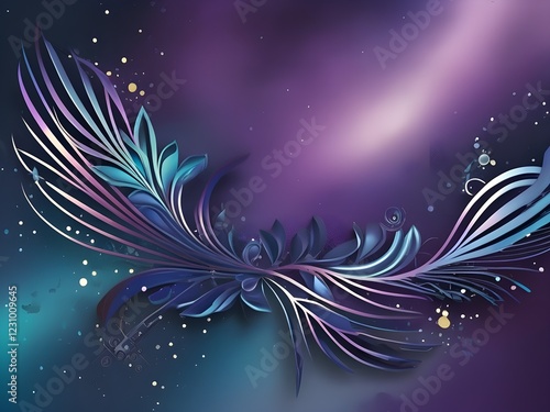 Swirling lines create a graceful, abstract motif against a backdrop of rich purples and blues. Small glowing dots resemble distant stars, adding a celestial quality to the composition.