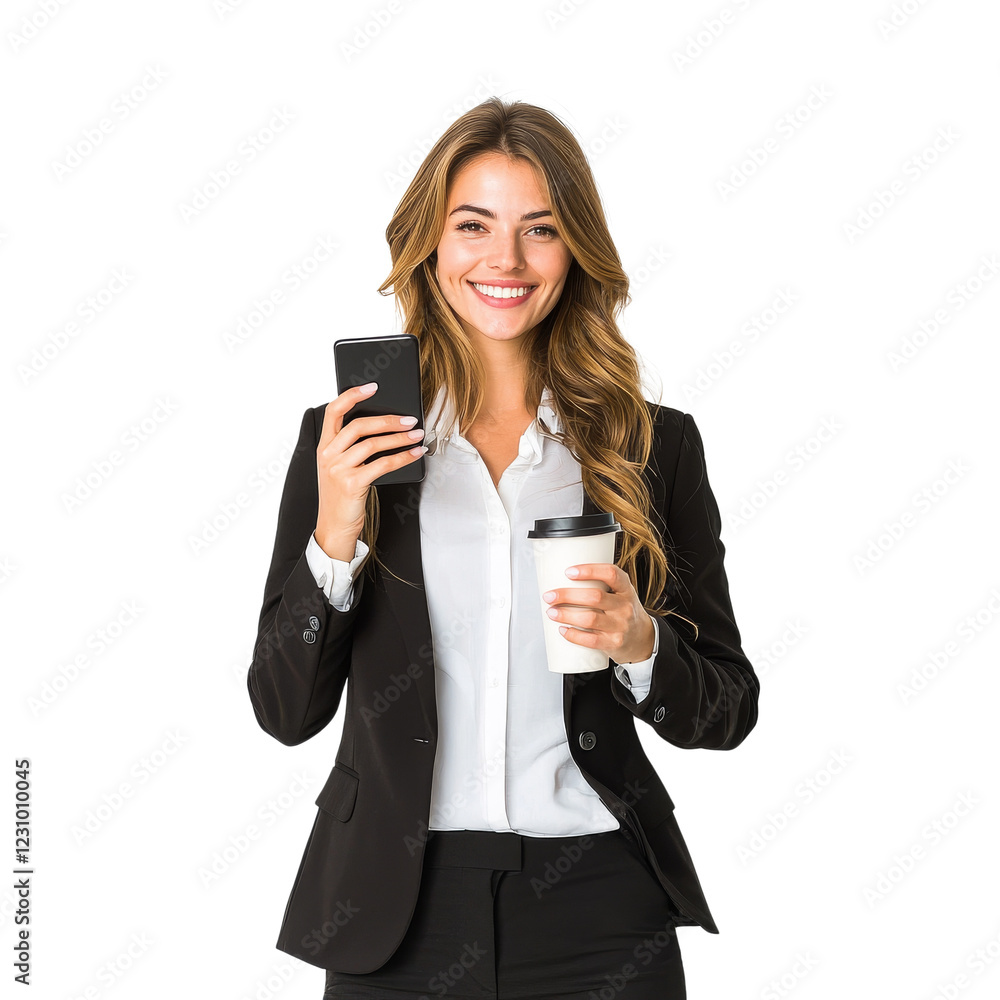 smiling woman in business suit holding smartphone and coffee cup, exuding confidence and professionalism smiling woman in business suit holding smartphone and coffee cup, exuding confidence and professionalism