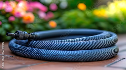 Dark Blue Garden Hose Coiled On Patio photo