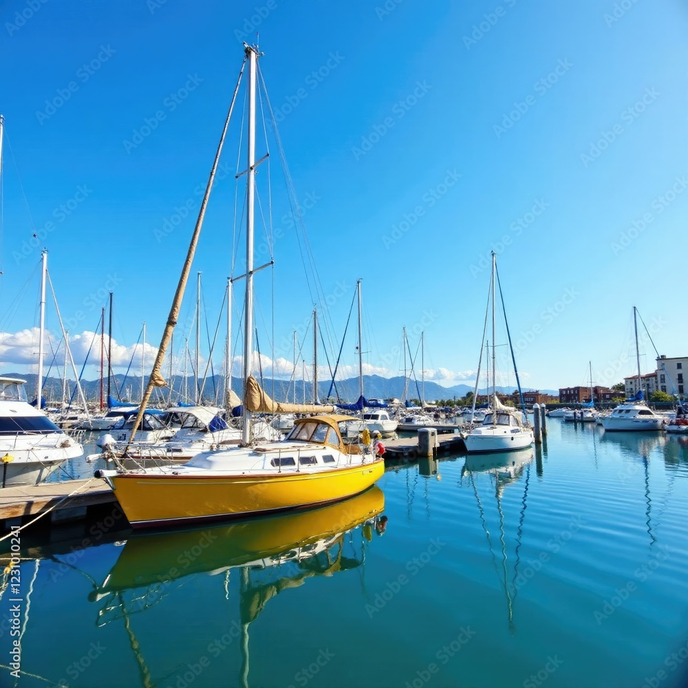 Sunny harbor scene with a yellow sailboat moored against the dock, nautical, water, marina Sunny harbor scene with a yellow sailboat moored against the dock, nautical, water, marina