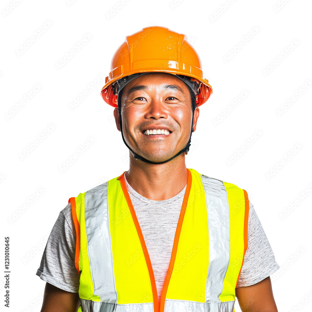 smiling construction worker wearing orange hard hat and reflective vest. bright colors highlight safety in work environment smiling construction worker wearing orange hard hat and reflective vest. bright colors highlight safety in work environment