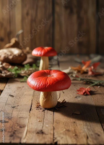 Red crecking bolete Xerocomellus chrysenteron on a wooden table with natural light, texture, red photo