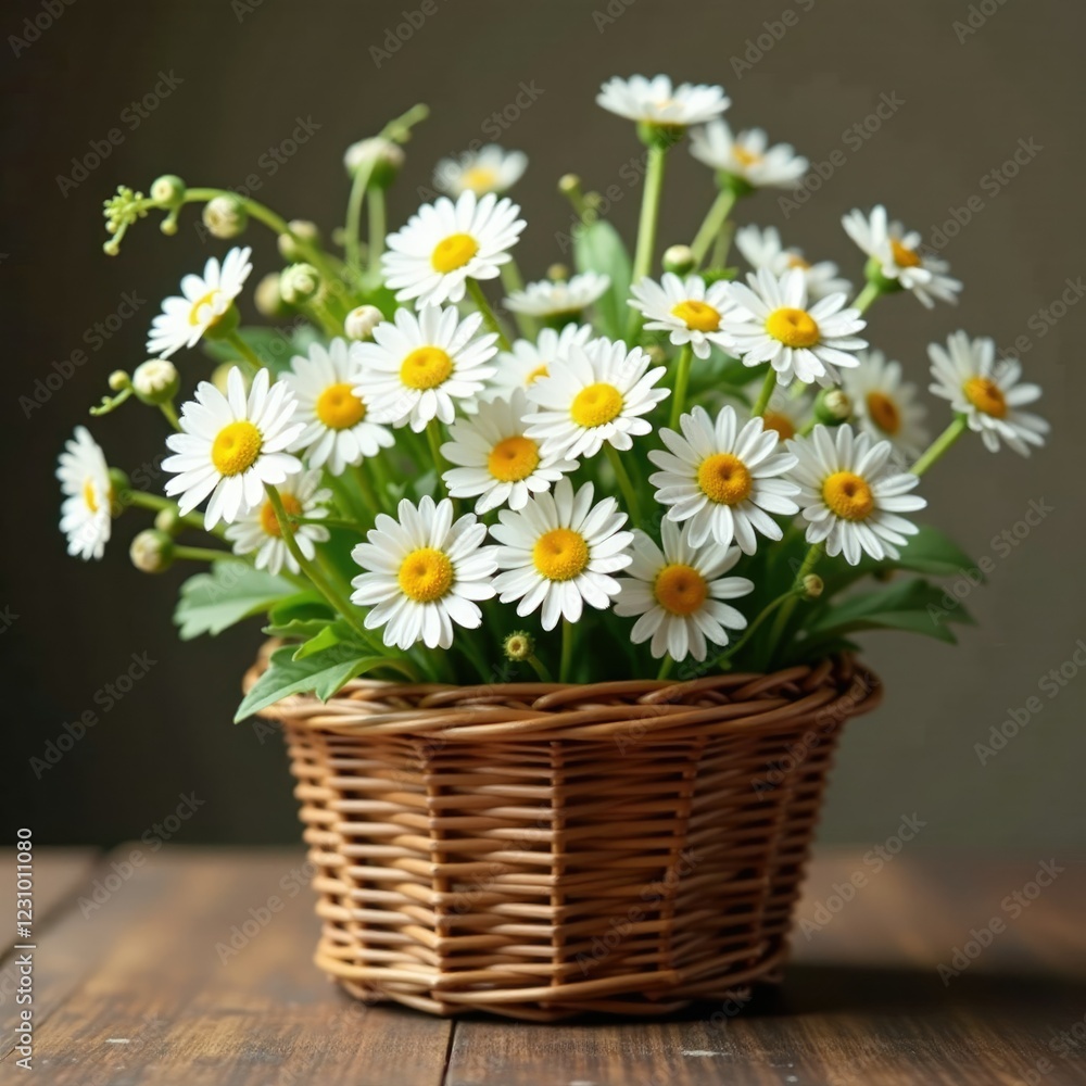 Obraz premium A delicate chamomile bouquet in a wicker basket, earthy, bouquet