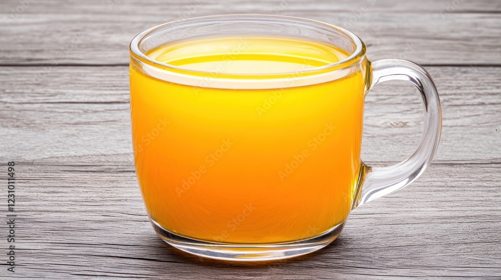 Yellow Herbal Tea in Clear Glass Mug on Wooden Table Yellow Herbal Tea in Clear Glass Mug on Wooden Table