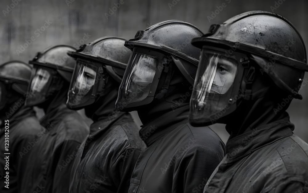 Fototapeta premium Line of uniformed officers standing ready for crowd control.
