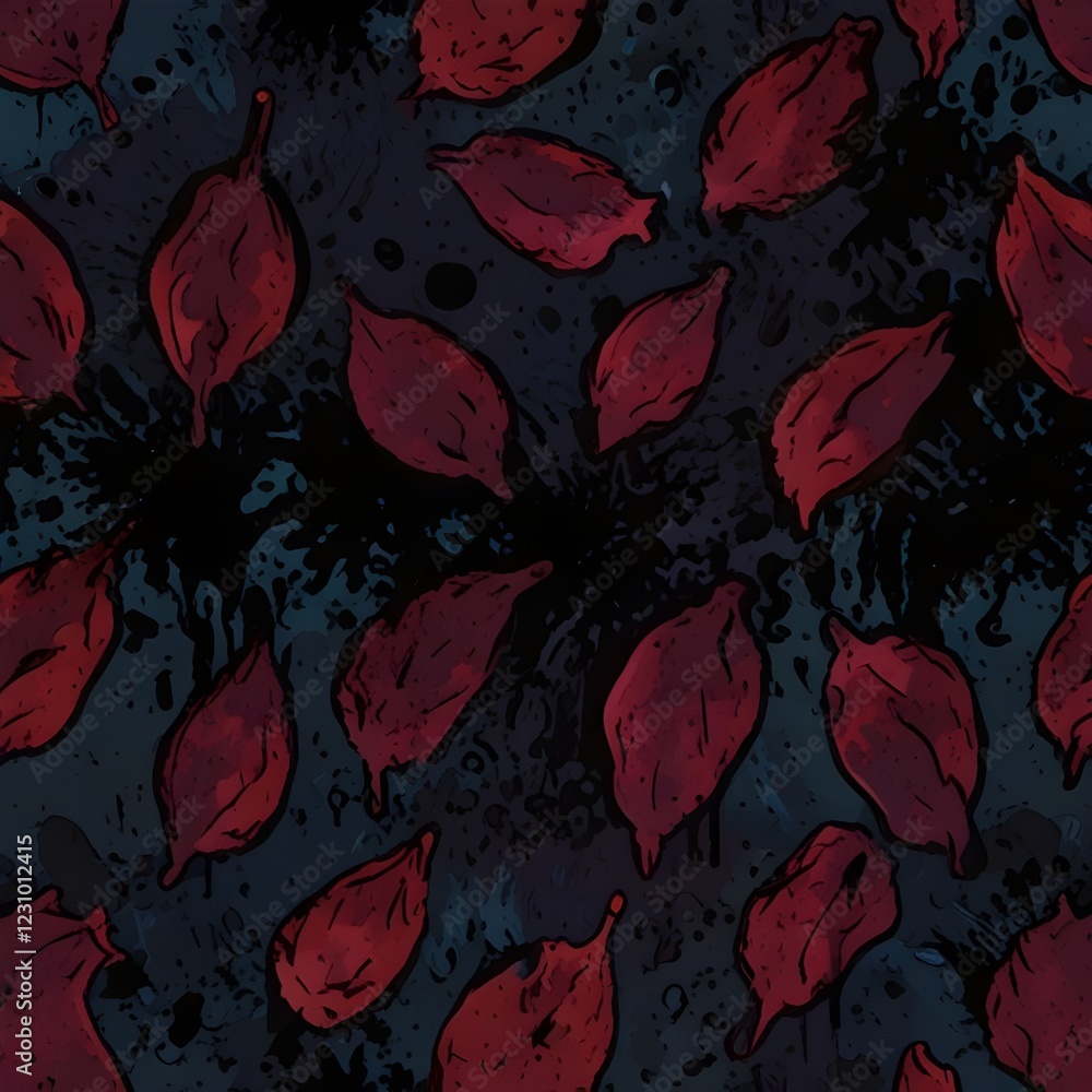 A seamless pattern of dark red leaves are scattered across a deep, shadowy blue background. Black splatters add a dramatic contrast, creating a moody and atmospheric effect. A seamless pattern of dark red leaves are scattered across a deep, shadowy blue background. Black splatters add a dramatic contrast, creating a moody and atmospheric effect.