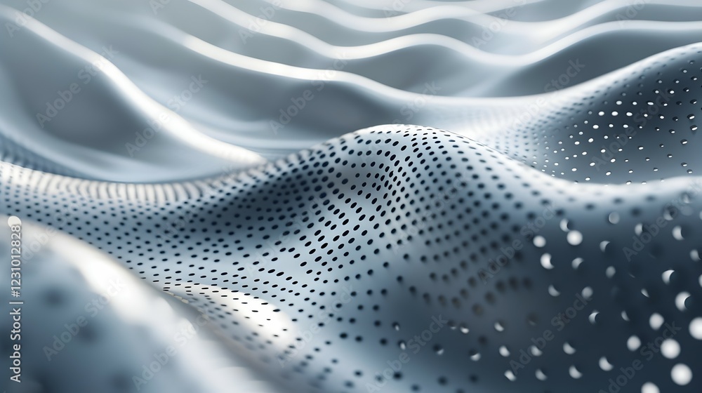 A close-up view of a textured surface with perforations, resembling flowing fabric or waves. A close-up view of a textured surface with perforations, resembling flowing fabric or waves.