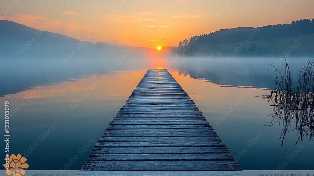Naklejka premium A long wooden dock juts into the calm lake at sunrise, with mist rising from its surface and orange hues in the sky