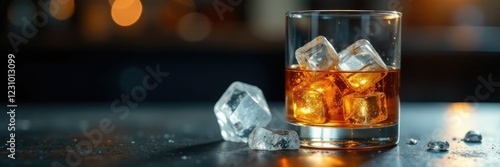 Crystal glass filled with amber spirits and ice cubes on a metal table, bottleinice, metaltable photo