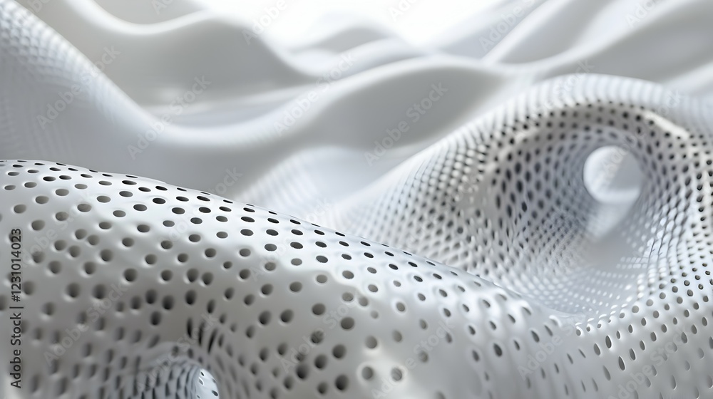 Naklejka premium Abstract white fabric with perforated texture and flowing waves.