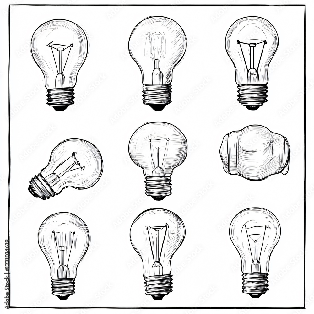 Creative Hand-drawn Sketch of Light Bulbs Set for Design Projects - Energy-saving and Innovative Lighting Concepts Illustrated with Unique Drawings Creative Hand-drawn Sketch of Light Bulbs Set for Design Projects - Energy-saving and Innovative Lighting Concepts Illustrated with Unique Drawings