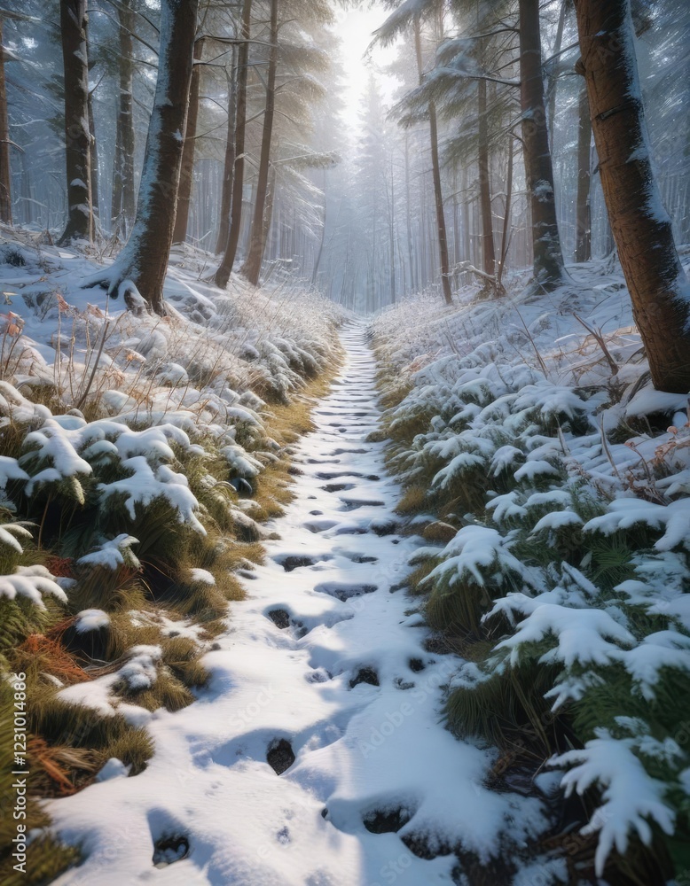 Fototapeta premium Snow-covered forest floor with a narrow path leading to the edge of the woods , snowflakes, winter
