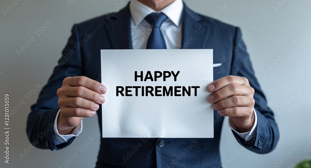 happy retirement text on plain white paper in hand on guy on formal suit business concept background happy retirement text on plain white paper in hand on guy on formal suit business concept background