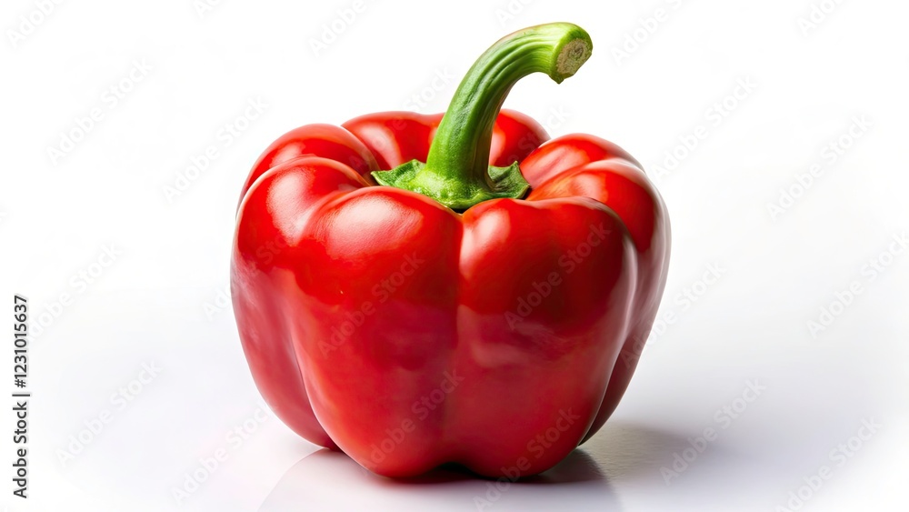 Whole Fresh Red Bell Pepper with Stem on White Background - Vibrant, Healthy, Organic Vegetable for Culinary Use, Cooking, Nutrition, and Recipes Whole Fresh Red Bell Pepper with Stem on White Background - Vibrant, Healthy, Organic Vegetable for Culinary Use, Cooking, Nutrition, and Recipes