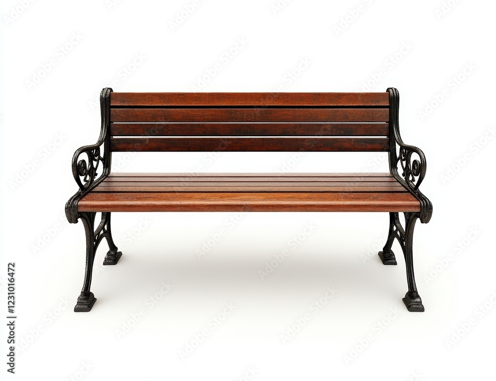 Wooden park bench with ornate iron legs and backrest, isolated on white. Wooden park bench with ornate iron legs and backrest, isolated on white.