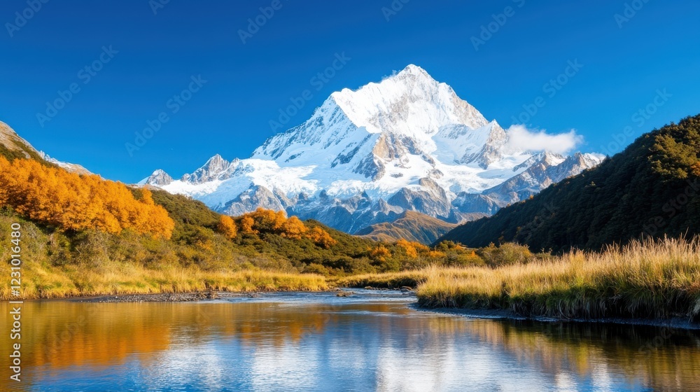 Snow-capped peaks rise majestically above a tranquil valley with flowing river Snow-capped peaks rise majestically above a tranquil valley with flowing river