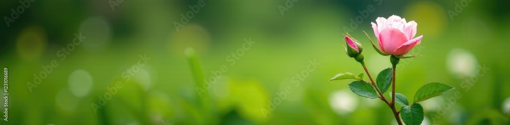 Rose stem with delicate white blooms nestled in the grass, greenery, wildflowers Rose stem with delicate white blooms nestled in the grass, greenery, wildflowers