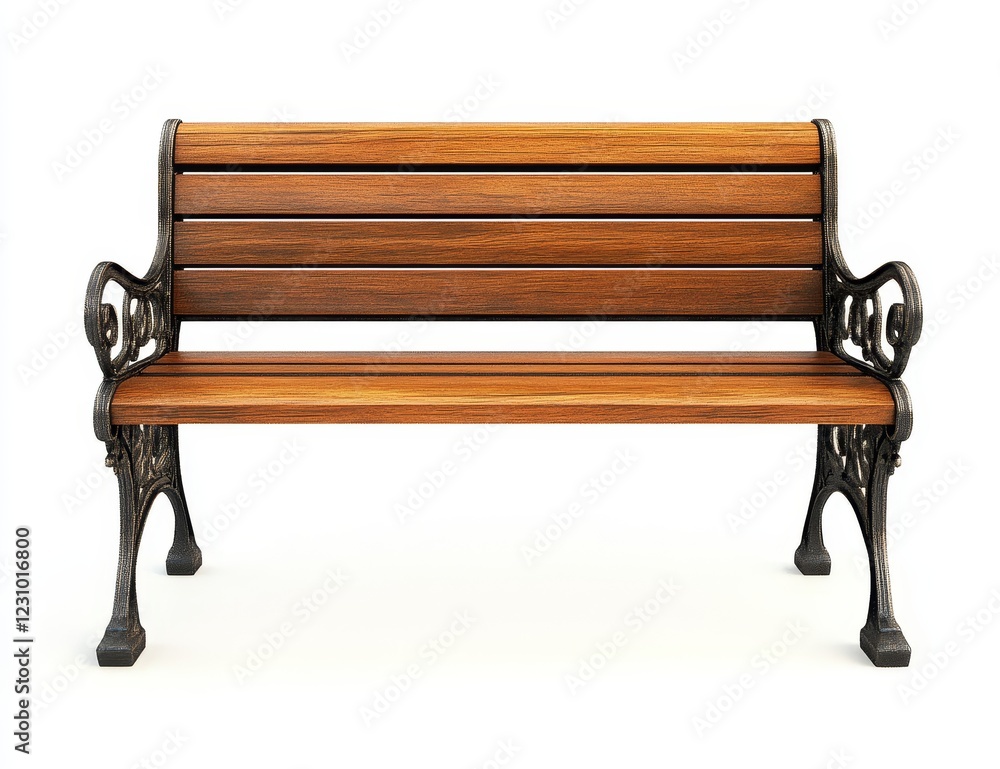 Wooden park bench with ornate metal legs and arms, isolated on white. (3) Wooden park bench with ornate metal legs and arms, isolated on white. (3)