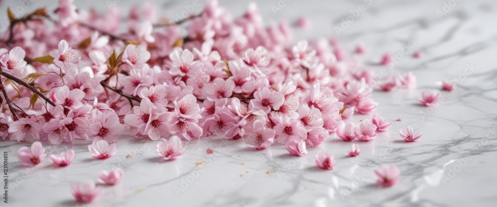 Fototapeta premium Soft pink cherry blossom petals scattered on a white marble background, elegant decor , gentle hues, pastel colors