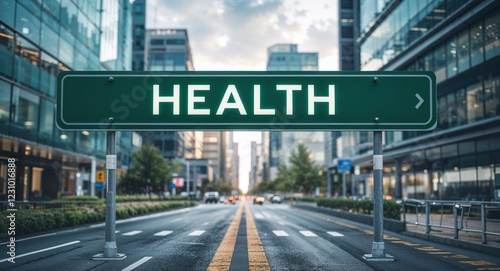 health text on road sign in middle of modern business city background