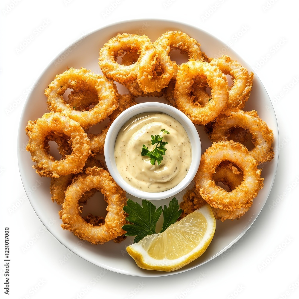 A platter of crispy calamari rings with aioli dipping sauce, isolated white background, classic realism art style A platter of crispy calamari rings with aioli dipping sauce, isolated white background, classic realism art style