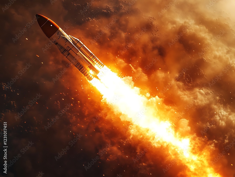 A moment of liftoff captured from below, showing the sheer force of a space vehicle as it ascends, with flames and smoke creating a high-energy visual impact A moment of liftoff captured from below, showing the sheer force of a space vehicle as it ascends, with flames and smoke creating a high-energy visual impact