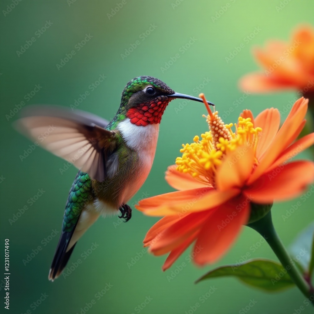 Fototapeta premium Shimmering throat hummingbird sipping nectar from orange flowers, Tongue, Shimmering Throat Hummingbird, Autumn Colors