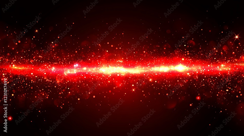 Fototapeta premium Red Glitter Sparkles And Light Streaks Across Black Background