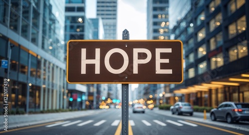 hope text on road sign in middle of modern business city background