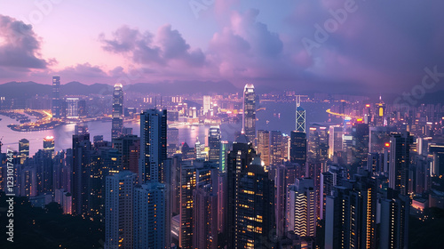 Wallpaper Mural Aerial view of illuminated city skyline at dusk with glowing skyscrapers and harbor Torontodigital.ca