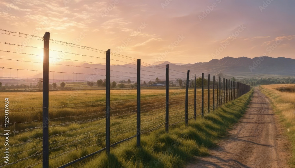 Panoramic view of a steel wall with barbed wire mesh surrounding a European countryside landscape at sunrise , sunrise, landscape Panoramic view of a steel wall with barbed wire mesh surrounding a European countryside landscape at sunrise , sunrise, landscape