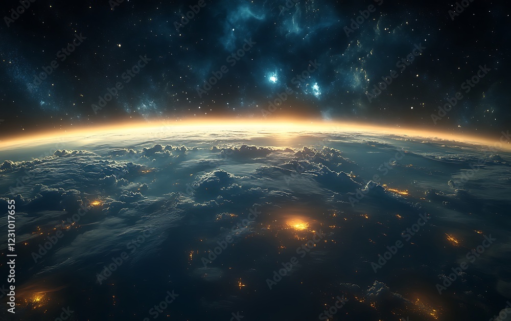 Obraz premium A wide-angle perspective of Earth floating in the vastness of space, with a glowing atmosphere separating it from the dark void